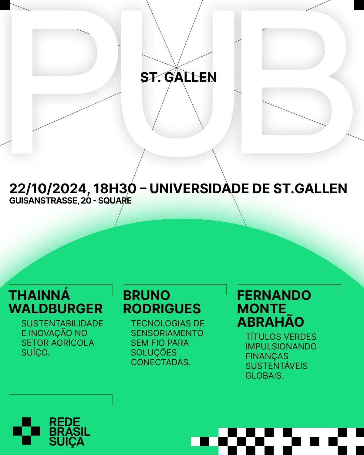 Event call for the Brazilian Research in Switzerland session by Rede Brasil Suica, listing the three panelists