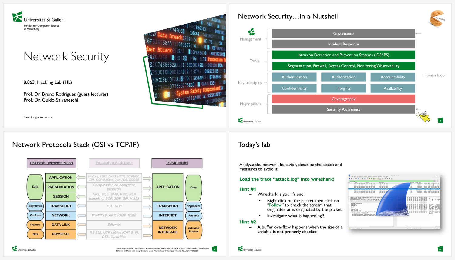 A few slides from the lecture: the title, the network-security overview, the OSI vs TCP/IP protocol stack, and the Wireshark hands-on task