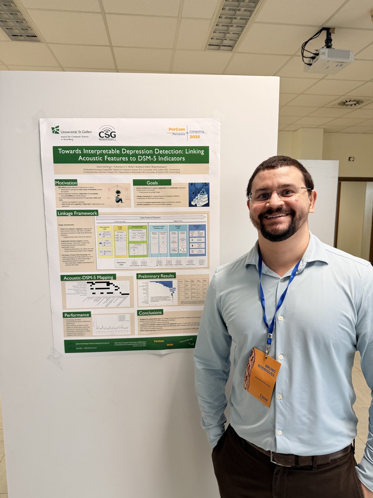 Bruno Rodrigues presenting the depression-detection poster at IEEE PerCom 2026 in Pisa