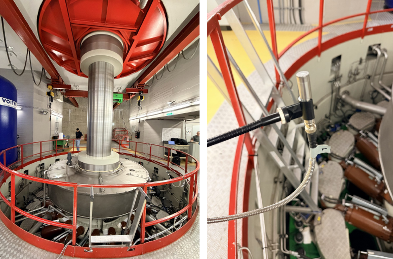 In the field at Rodundwerk II: the generator shaft with the machine open and the rail-mounted array (left), and a free-field microphone clamped to the protection rail at the turbine level (right)