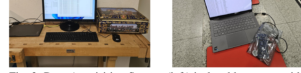Data-acquisition setups from the study: an isolated Faraday-cage lab bench (left) and an open-view train-station bench (right)
