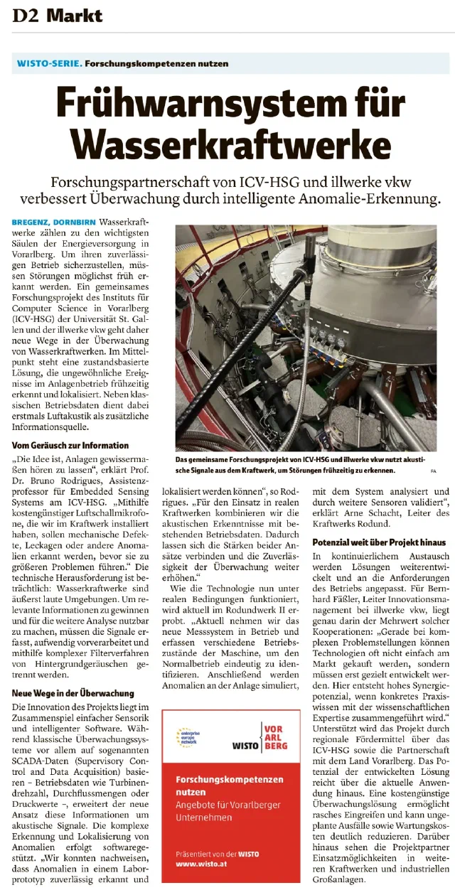 The print article 'Frühwarnsystem für Wasserkraftwerke' in the Vorarlberger Nachrichten, 27 June 2026